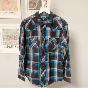 Western Black, Blue, Purple Plaid Arizona Shirt, L